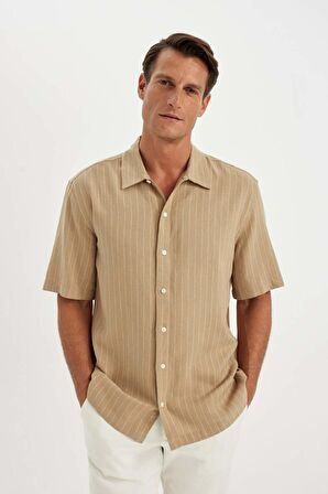 DeFacto Relax Fit Polo Yaka Çizgili Yazlık Keten Kısa Kollu Gömlek C1111AX24SMBG674