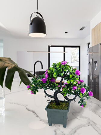 Yapay Çiçek Lila Çiçekli Bonsai Ağacı Dekoratif Yapay Ağaç Bonzai 29*24 CM Siyah Kare Saksıda
