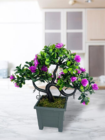 Yapay Çiçek Lila Çiçekli Bonsai Ağacı Dekoratif Yapay Ağaç Bonzai 29*24 CM Siyah Kare Saksıda