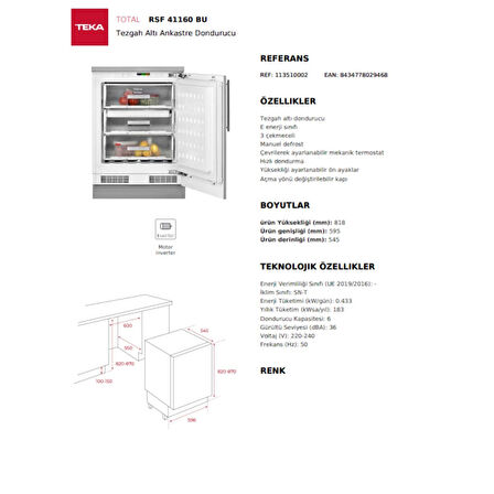 Teka RSF 41160 BU Tezgah Altı Ankastre Dondurucu