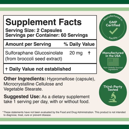 Sulforophane Broccoli Seed Extract 20 mg 120 Capsules