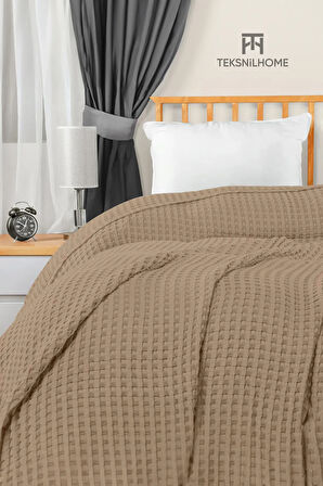 | %100 Pamuk Waffle Desen Kahverengi Çift Kişilik Pike |yatak Örtüsü | 200x230 | Çok Amaçlı Örtü