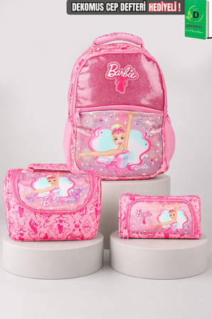 x Dekomus Lisanslı Barbie Ballerina Magic Collection Büyük Boy Okul Çantası,Termoslu Beslenme Çantası ve Kalem Çantası Seti
