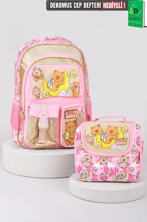 x Dekomus Capybara Golden Dream Collection Büyük Boy Okul Çantası ve Beslenme Çantası Seti