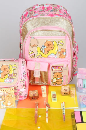 x Dekomus Capybara Golden Dream Collection Kırtasiye Seti Büyük Boy Okul Çantası ve Beslenme Çantası 