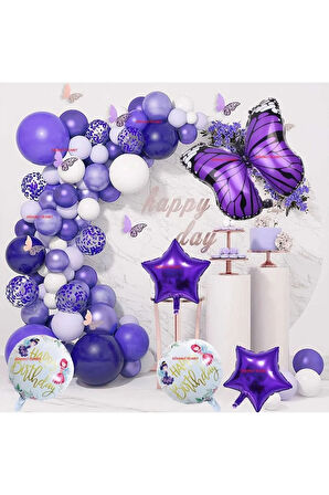 MOR KELEBEKLİ FOLYO BALON ZİNCİR SET