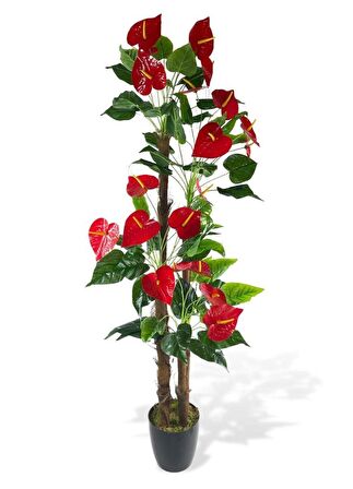 Yapay Ağaç Kırmızı  Antoryum 4Katlı 175cm Salon Çiçeği Yapay Çiçek