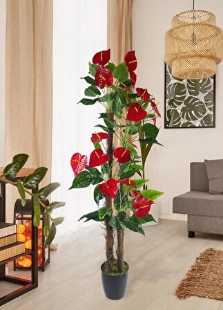 Yapay Ağaç Kırmızı  Antoryum 4Katlı 175cm Salon Çiçeği Yapay Çiçek