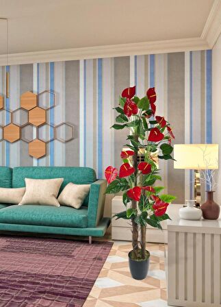 Yapay Ağaç Kırmızı  Antoryum 4Katlı 175cm Salon Çiçeği Yapay Çiçek