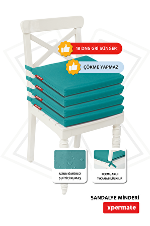 Xpermate Fermuarlı 4'lü  Sandalye Minderi Su İtici Kumaş 40x40Cm Sünger Sandalye Minderi Bağcıklı Turkuaz