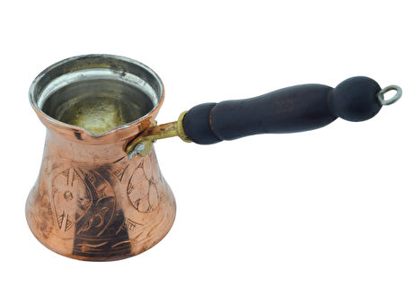 LUDIA Otantik İşlemeli 3 Adet Ahşap Saplı El Yapımı Eskitme Bakır Cezve Set