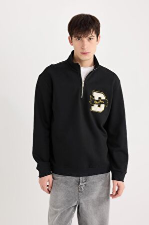DeFacto Regular Fit Dik Yaka Fermuarlı Baskılı Sweatshirt A4469AX24AUBK81