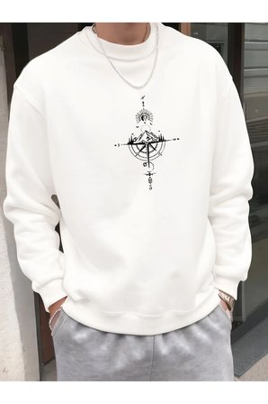 Unisex Yön Gösteren Pusula Tasarım Baskılı Bisiklet Yaka Sweatshirt