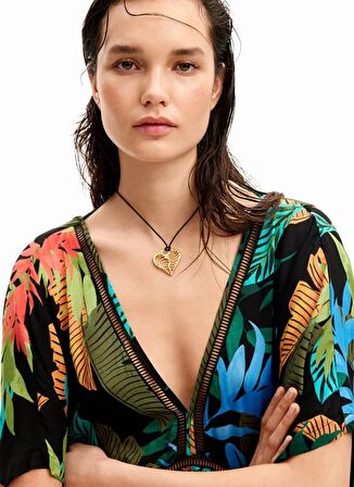 Desigual V Yaka Desenli Siyah Kısa Kadın Elbise 24SWMW23