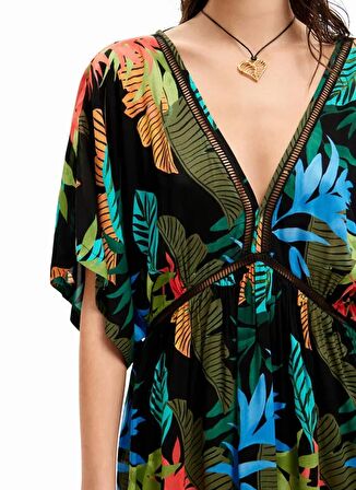 Desigual V Yaka Desenli Siyah Kısa Kadın Elbise 24SWMW23