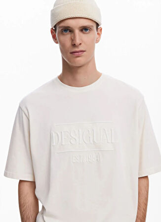 Desigual Bisiklet Yaka Krem Erkek T-Shirt 25SMTK14_MAN KNIT T-SHIRT SHORT SLE