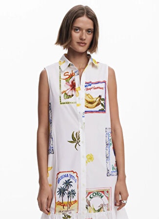Desigual Gömlek Yaka Desenli Beyaz Uzun Kadın Elbise 25SWVW42