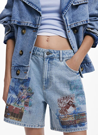 Desigual Yüksek Bel Normal Mavi Kadın Denim Şort 25SWDD24