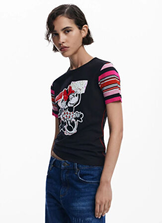 Desigual Bisiklet Yaka Baskılı Siyah Kadın T-Shirt 25SWTK39