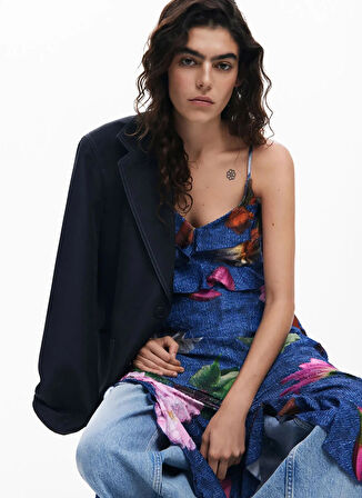 Desigual V Yaka Desenli Çok Renkli Uzun Kadın Elbise 25SWVK16