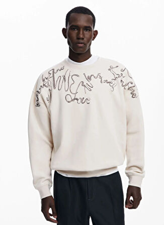 Desigual Bisiklet Yaka Krem Erkek Sweatshırt 25SMSK15_MAN KNIT SWEAT LONG SLEEVE