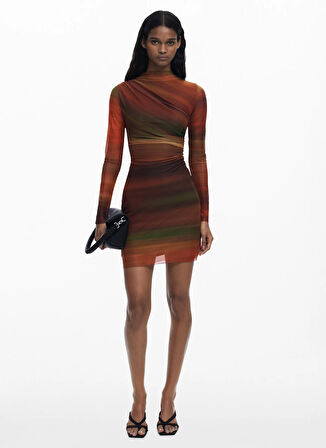 Desigual Dik Yaka Desenli Turuncu Kısa Kadın Elbise 25WWVK21