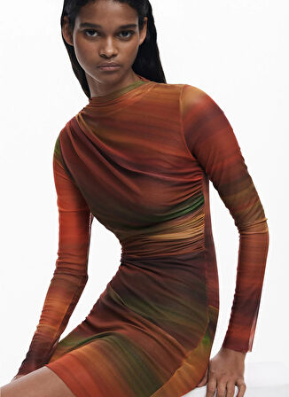 Desigual Dik Yaka Desenli Turuncu Kısa Kadın Elbise 25WWVK21