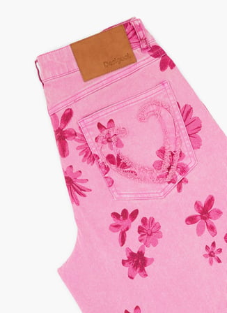 Desigual Pembe Kadın Standart Fit Çiçek Desenli Denim Pantolon 26SWDD07