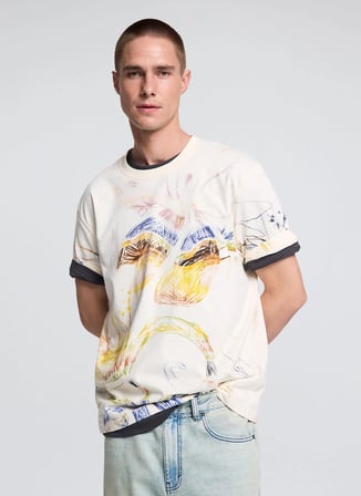 Desigual Ekru Erkek Regular Fit Desenli T-Shirt 26WMTK17 TS_IVANCO