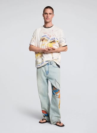 Desigual Ekru Erkek Regular Fit Desenli T-Shirt 26WMTK17 TS_IVANCO