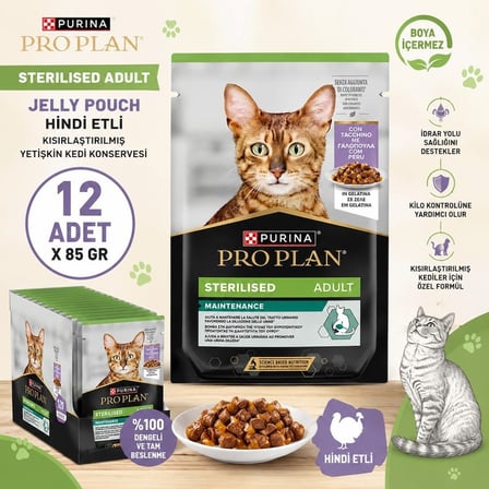 Pro Plan Jelly Pouch Hindi Etli Kısırlaştırılmış Yetişkin Kedi Konservesi 85 gr 12li SET