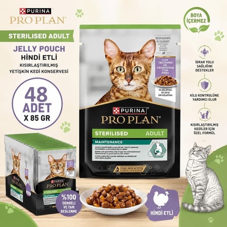 Pro Plan Jelly Pouch Hindi Etli Kısırlaştırılmış Yetişkin Kedi Konservesi 85 gr 48li SET