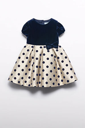 Kız Çocuk Fırfırlı Puantiyeli Mikado Elbise - Lacivert | 4Y