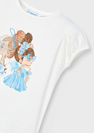 Mayoral Kız Çocuk Baskılı Tshirt 4-8 Yaş Krem