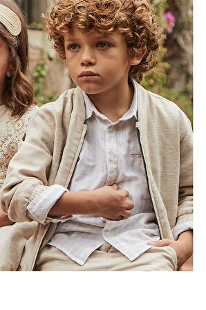 Mayoral Erkek Çocuk Cizgili Keten Gömlek 4-8 Yaş Ekru