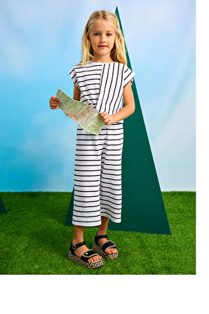 Mayoral Kız Çocuk Cizgili Pantolonlu Takım 6-10 Yaş Beyaz