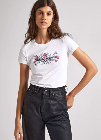 Pepe Jeans Bisiklet Yaka Baskılı Beyaz Kadın T-Shirt PL505834