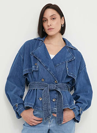 Kemerli Koyu Mavi Kadın Denim Ceket PL402380
