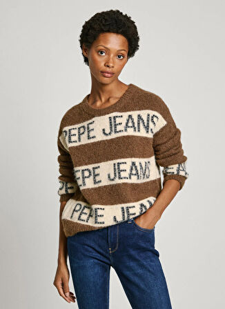 Pepe Jeans Yuvarlak Yaka Standart Nakışlı Kahve Kazak Kadın PL702226