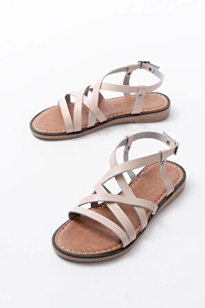 205-017 Bej Ortopedik Hakiki Deri Kadın Sandalet