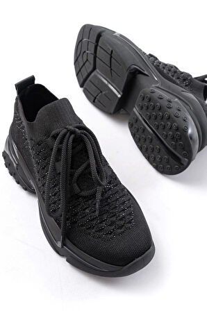 Sp-2024 Siyah Günlük Bağcıklı Fileli Taş Aksesuarlı Kadın Spor Ayakkabı