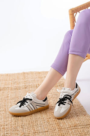 M-6005 Beyaz Garni  Bağcıklı Termo Taban Günlük Kadın Spor