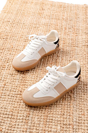 M-6006 Beyaz Garni Leopar Desenli Bağcıklı Termo Taban Günlük Kadın Spor