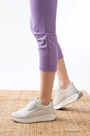 F-307 Beyaz Bağcıklı Saten Taş Aksesuarlı Günlük Spor Ayakkabı