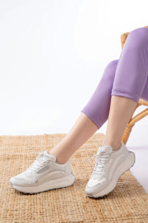 F-307 Beyaz Bağcıklı Saten Taş Aksesuarlı Günlük Spor Ayakkabı