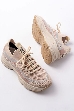3001  Bej Bağcıklı Fileli Günlük Spor Ayakkabı