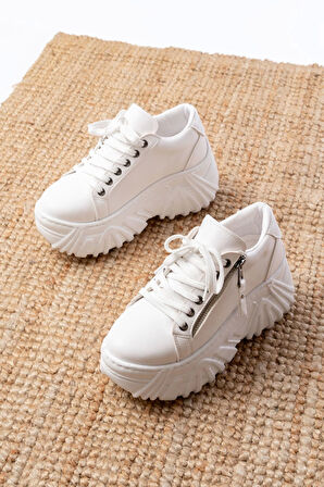 Sp-156 Beyaz Bağcıklı Fermuarlı Yüksek Taban Günlük Spor Ayakkabı