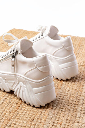 Sp-156 Beyaz Bağcıklı Fermuarlı Yüksek Taban Günlük Spor Ayakkabı