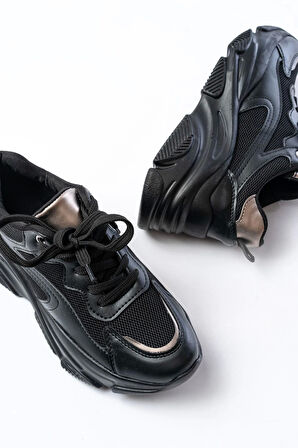 Sp-149 Siyah Platin Bağcıklı Fileli Günlük Spor Ayakkabı