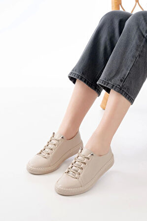 Mk-9026 Bej Bağcıklı Taş Aksesuarlı Günlük Spor Ayakkabı